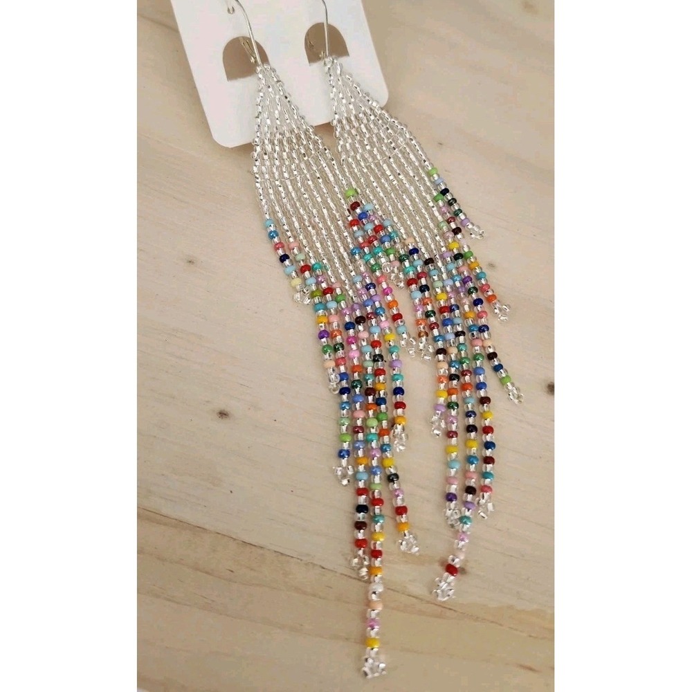 NEW Boho Clear Multi-Color Beaded Fringe Dangle Earrings Tassel Style